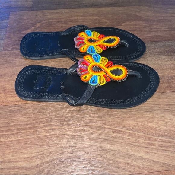 African leather Maasai Handmade beaded Sandals EU 39/ US 6-6.5 multicolored - Picture 3 of 5